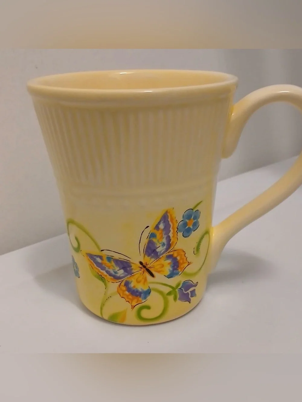 Pier 1 Imports Botanica Light Yellow Floral Butterfly Coffee Tea Mug 14oz